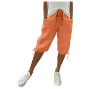 Bermuda court en lin pour femme - Avec poches - Jambe droite - En coton - Léger - Avec cordon de serrage - Confortable - Aéré - Taille élastique - Pantalon de plage décontracté, A2orange, M