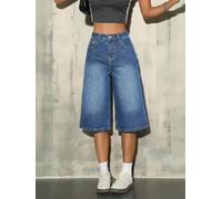Bermuda en jean long pour femme - Taille mi-haute - Style rétro - Style streetwear tendance - Jambe large, bleu ciel, Taille M
