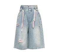 Bermuda en jean pour filles - Joli nœud - Short baggy en denim pour adolescentes et enfants - Effet usé - Jambe large - Longueur genou - Jorts avec poches - Taille élastique - Short de plage en jean