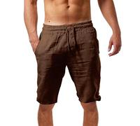Bermuda en lin pour homme - Short d'été en lin - Taille ample - Pantalon de survêtement confortable - Séchage rapide - Décontracté - Léger - Pour motard, café, XL