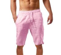 Bermuda en lin pour homme - Short d'été en lin - Taille ample - Pantalon de survêtement confortable - Séchage rapide - Décontracté - Léger - Pour motard, Rose, L