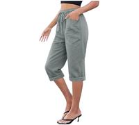 Bermuda Femme en Lin Et Coton - Pantalon Capri pour Femmes Lin 3/4 Longueur Taille Élastiquée Extensible avec Poches Pantalons D'Été Confortable en Coton Et Lin Idéal pour Le Yoga Ou La Plage