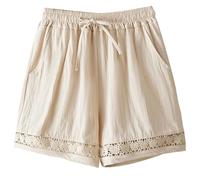 Bermuda Femme Été, Short Femme Short d'été en Lin mélangé avec Bordure en Dentelle Taille élastique à Nouer Jambes Larges Style décontracté (White XXL)