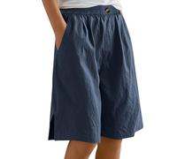 Bermuda Femme Grande Taille Short Baggy Femme Longueur Genou Jambe Large Confortable Coton Lin Élastiqué Taille Haute Été Solide Short avec Poches Basique Mi-Long pour Extérieur (A04-Navy, XL)