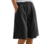 Bermuda Femme Grande Taille Short Baggy Femme Longueur Genou Jambe Large Confortable Coton Lin Élastiqué Taille Haute Été Solide Short avec Poches Basique Mi-Long pour Extérieur (A04-Black, XL)