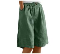 Bermuda Femme Longueur Genou Jambe Large Confortable Coton Lin Élastiqué Taille Haute Stretch Dames Culottes Été Solide Short avec Poches Yoga Active Sports Shorts