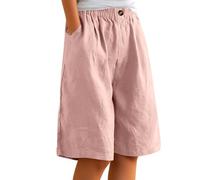 Bermuda Femme Longueur Genou Jambe Large Confortable Coton Lin Élastiqué Taille Haute Stretch Dames Culottes Été Solide Short avec Poches Yoga Active Sports
