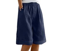 Bermuda Femme Longueur Genou Jambe Large Confortable Coton Lin Élastiqué Taille Haute Stretch Dames Culottes Été Solide Short avec Poches Yoga Active Sports Shorts