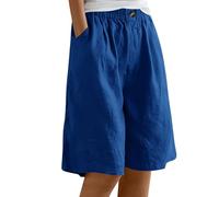 Bermuda Femme Longueur Genou Jambe Large Confortable Coton Lin Élastiqué Taille Haute Stretch Dames Culottes Été Solide Short avec Poches Yoga Active Sports Shorts
