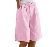 Bermuda Femme Longueur Genou Jambe Large Confortable Coton Lin Élastiqué Taille Haute Stretch Dames Culottes Été Solide Short avec Poches Yoga Active Sports Shorts
