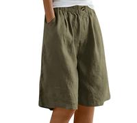 Bermuda Femme Longueur Genou Jambe Large Confortable Coton Lin Élastiqué Taille Haute Stretch Dames Culottes Été Solide Short avec Poches Yoga Active Sports Shorts