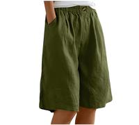Bermuda Femme Longueur Genou Jambe Large Confortable Coton Lin Élastiqué Taille Haute Stretch Dames Culottes Été Solide Short avec Poches Yoga Active Sports Shorts