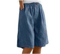 Bermuda Femme Longueur Genou Jambe Large Confortable Coton Lin Élastiqué Taille Haute Stretch Dames Culottes Été Solide Short avec Poches Yoga Active Sports Shorts