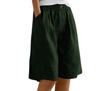 Bermuda Femme Longueur Genou Jambe Large Confortable Coton Lin Élastiqué Taille Haute Stretch Dames Culottes Été Solide Short avec Poches Yoga Active Sports Shorts