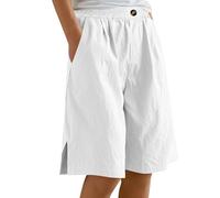 Bermuda Femme Longueur Genou Jambe Large Confortable Coton Lin Élastiqué Taille Haute Stretch Dames Culottes Été Solide Short avec Poches Yoga Active Sports Shorts