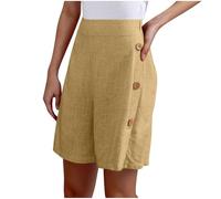 Bermuda Femme Longueur Genou Jambe Large Confortable Coton Lin Élastiqué Taille Haute Stretch Dames Culottes Été Solide Short avec Poches Yoga Active Sports Shorts et Bermudas Femme Place du Jour