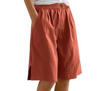 Bermuda Femme Longueur Genou Jambe Large Confortable Coton Lin Élastiqué Taille Haute Stretch Dames Culottes Été Solide Short avec Poches Yoga Active Sports Shorts