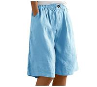 Bermuda Femme Longueur Genou Jambe Large Confortable Coton Lin Élastiqué Taille Haute Stretch Dames Culottes Été Solide Short avec Poches Yoga Active Sports Shorts