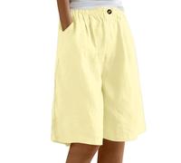 Bermuda Femme Longueur Genou Jambe Large Confortable Coton Lin Élastiqué Taille Haute Stretch Dames Culottes Été Solide Short avec Poches Yoga Active Sports Shorts