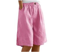Bermuda Femme Longueur Genou Jambe Large Confortable Coton Lin Élastiqué Taille Haute Stretch Dames Culottes Été Solide Short avec Poches Yoga Active Sports Shorts