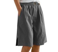 Bermuda Femme Longueur Genou Jambe Large Confortable Coton Lin Élastiqué Taille Haute Stretch Dames Culottes Été Solide Short avec Poches Yoga Active Sports Shorts