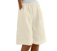 Bermuda Femme Longueur Genou Jambe Large Confortable Coton Lin Élastiqué Taille Haute Stretch Dames Culottes Été Solide Short avec Poches Yoga Active Sports Shorts
