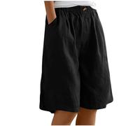 Bermuda Femme Longueur Genou Jambe Large Confortable Coton Lin Élastiqué Taille Haute Stretch Dames Culottes Été Solide Short avec Poches Yoga Active Sports Shorts