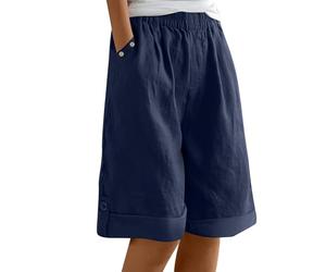 Bermuda Femme Longueur Genou Jambe Large Confortable Coton Lin Élastiqué Taille Haute Stretch Dames Culottes Été Solide Short avec Poches Yoga Active Sports Shorts