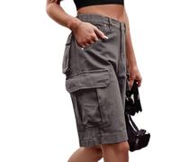 Bermuda Femme,Short en Jean pour Femme Pantalon Cargo Solide Short en Jean Pantalon Court Taille Haute Bermuda Short en Jean Extensible D'Été Vintage Short en Jean Délavé Décontracté avec Poches,Gri