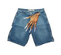 Bermuda Homme Style Y2K Hip Hop Motif Empreinte Digitale Tissu Denim Léger Coupe Loose Décontracté Couple Cinq Quartiers Urbain(Sky Blue-a, M)