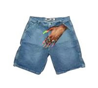 Bermuda Homme Style Y2K Hip Hop Motif Empreinte Digitale Tissu Denim Léger Coupe Loose Décontracté Couple Cinq Quartiers Urbain(Blue-h, XXL)