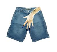 Bermuda Homme Style Y2K Hip Hop Motif Empreinte Digitale Tissu Denim Léger Coupe Loose Décontracté Couple Cinq Quartiers Urbain(Blue-f, S)