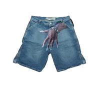 Bermuda Homme Style Y2K Hip Hop Motif Empreinte Digitale Tissu Denim Léger Coupe Loose Décontracté Couple Cinq Quartiers Urbain(Blue-b, XXL)