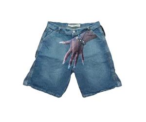 Bermuda Homme Style Y2K Hip Hop Motif Empreinte Digitale Tissu Denim Léger Coupe Loose Décontracté Couple Cinq Quartiers Urbain