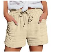 Bermuda Lin Femme Taille Élastique, Short Sport Femme avec Cordon De Serrage Poches Couleur Unie Décontracté Polyvalent Pantalon Court Regular Fit Respirant Quotidien Plage Loisir Jogging
