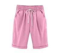 Bermuda Mi-Long Femme Jambe Droite, Short Femme avec Cordon De Serrage Taille Élastique Coupe Ample Poches Couleur Unie Décontracté Pantalon Court Chic Grande Taille Jogging Quotidien