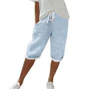 Bermuda Pantalon de sport confortable pour femme Automne Lin rayé Taille haute Taille haute Deux poches Pantalon trois quarts décontracté, bleu, L