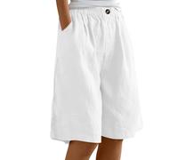 Bermuda pour femme - Grande taille - Pantalon capri d'été léger avec poches - Taille haute - Short chino large - Couleur unie - Pantalon court ample - Pantalon basique mi-long pour l'extérieur, blanc