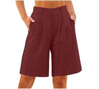 Bermuda pour femme - Longueur genou - Couleur unie - Coton et lin - Pantalon d'été baggy - Jambes droites - Pantalon de loisirs - Pantalon d'été léger en mousseline, Bordeaux, XXL