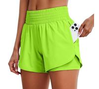 Bermuda Sport Femme, Trail 2 en 1 Taille Haute Short Sport Course a Pied Tenue Séchage Rapide Fitness Bermuda Poches Zippées Jogging Yoga Vêtements avec Doublure, Green, M