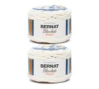 Bernat Blanket Stripes Lot de 2 pelotes de 300 g en polyester, 6 Super Bulky, 200 m, pour tricot, crochet et loisirs créatifs, fil chenille épais, bleu, bleu clair, orange, blanc (Big Sky Country)