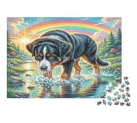 Bernese Mountain Dog Papier résistant Bouvier Bernois dans l’Eau avec Arc-en-Ciel Puzzle Décoration d’intérieur de Collection 38x26cm/1000 pièces
