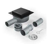 Bernkot Caniveau de douche carré 10 x 10 cm, siphon à 360° avec anti-odeurs et filtre à cheveux, acier inoxydable, évacuation de sol, évacuation de douche, très plat, DN50 DN40, noir