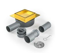 Bernkot Caniveau de douche carré 10 x 10 cm, siphon à 360° avec système anti-odeurs et tamis à cheveux 2 en 1 - En acier inoxydable - Très plat - DN50 DN40 - Doré