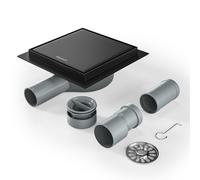 Bernkot Caniveau de douche carré 15 x 15 cm, siphon à 360° avec système anti-odeurs et tamis à cheveux 2 en 1 carrelable - En acier inoxydable - Très plat - DN50 DN40 - Noir