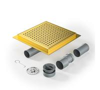 Bernkot Caniveau de douche carré 20 * 20 cm, siphon 360° avec anti-odeurs et tamis à cheveux, gouttière d'écoulement en acier inoxydable, écoulement de sol très plat DN50 DN40, or, 20CM-OR