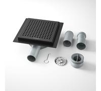 Bernkot Caniveau de douche carré en acier inoxydable, 15 x 15 cm, avec siphon à 360° et filtre à cheveux, 2 adaptateurs de vidange DN50 DN40, caniveau d'écoulement plat, noir