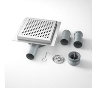 Bernkot Caniveau de douche carré en acier inoxydable, 15 x 15 cm, avec siphon à 360° et filtre à cheveux, 2 adaptateurs de vidange DN50 DN40, caniveau d'écoulement plat, argenté