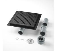 Bernkot Caniveau de douche carré en acier inoxydable - 20 x 20 cm - Avec siphon à 360° et filtre à cheveux - 2 adaptateurs de vidange DN50 DN40 - Noir