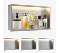 Bernkot Douche murale en acier inoxydable avec LED, niche de douche avec éclairage pour salle de bain, niche encastrée avec réglage de la température de couleur pour rangement de salle de bain, 30 x